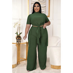 Plus Size Sexy Nightclub Uniforms Casual Lace-up Wide-Leg Pants Two-Piece Set Women Clothing