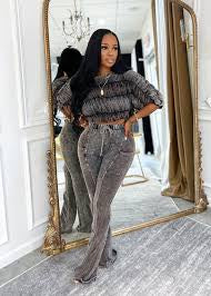 Mineral Wash Ruched Off-Shoulder Lounge Set – Two-Piece Fitted Top & Flare Pants