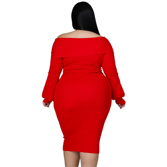 Plus Size Woman Women V-neck Solid Color Midi Dress Sexy Dress