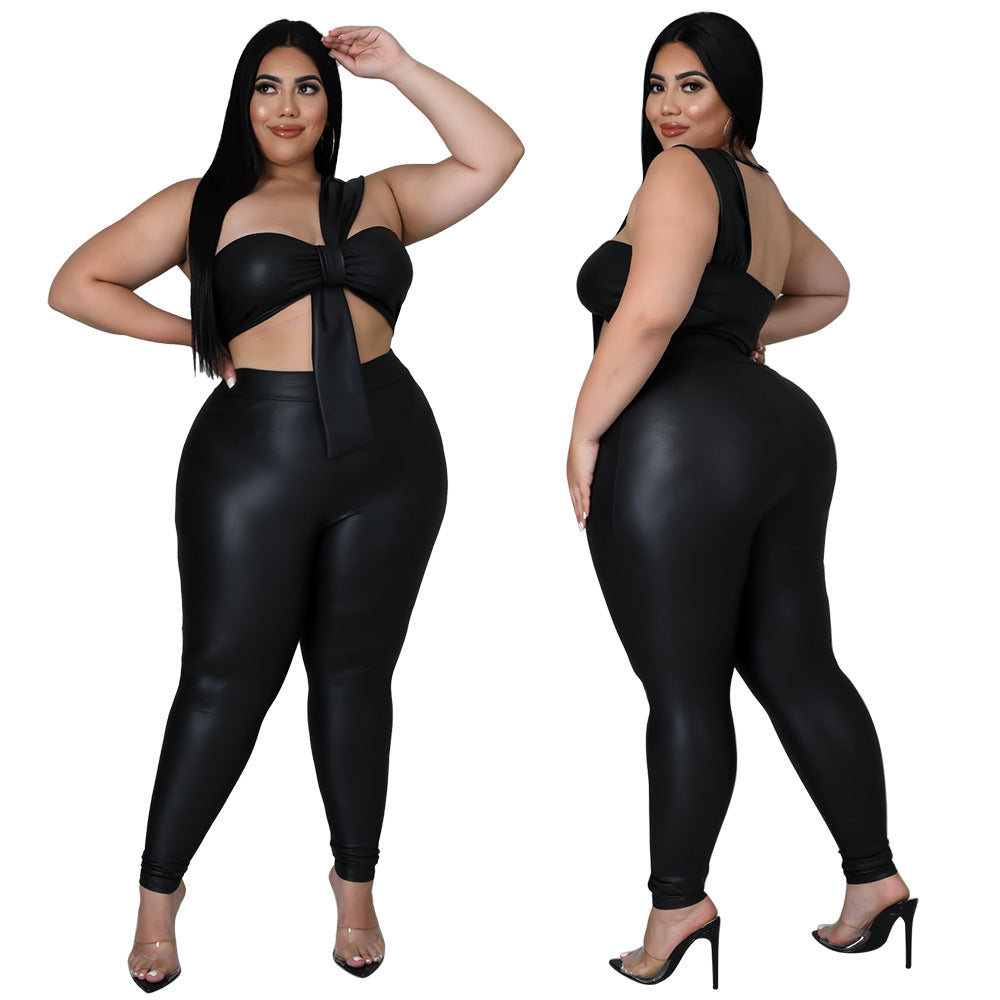 Plus Size Women Pants High Elastic Leather Skinny Hip Lift Sexy Two-Piece Suit outting wear