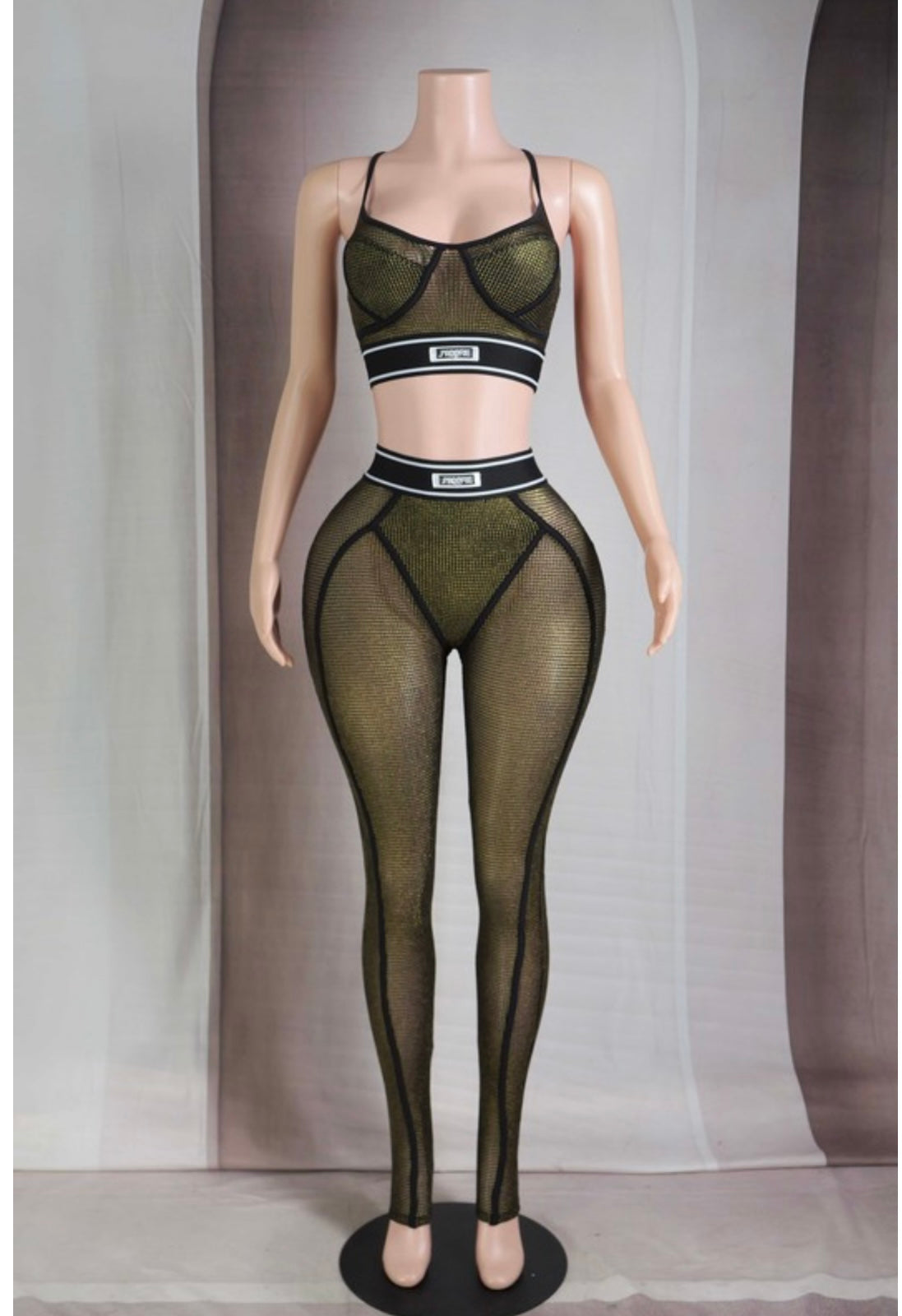 Women Gold Sexy Trendy Popcorn Mesh Label Detail Bralette & Leggings Set