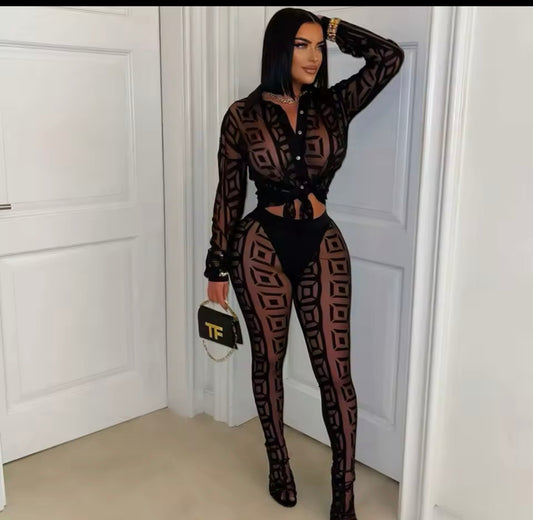 Geometric Mesh Illusion Two-Piece-Set Long Sleeve Top & Leggings