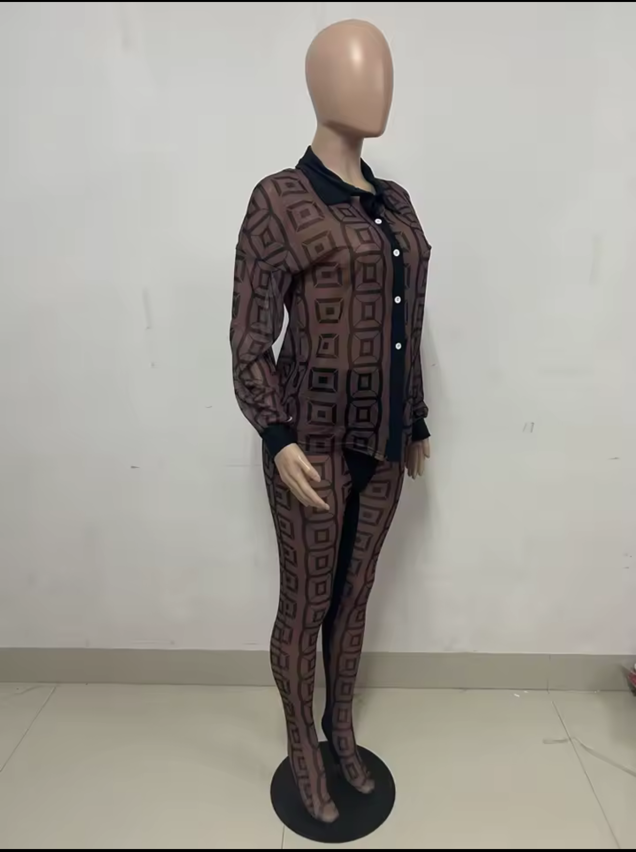 Geometric Mesh Illusion Two-Piece-Set Long Sleeve Top & Leggings