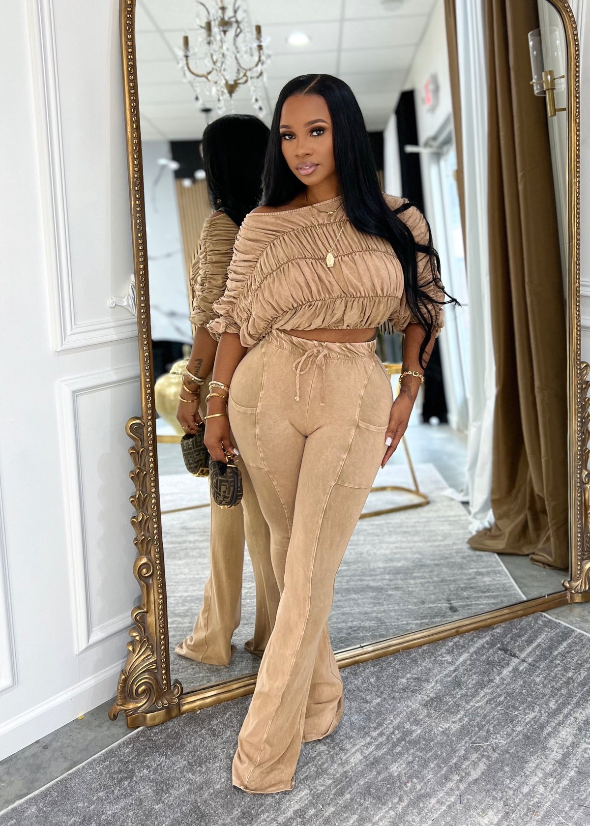 Mineral Wash Ruched Off-Shoulder Lounge Set – Two-Piece Fitted Top & Flare Pants