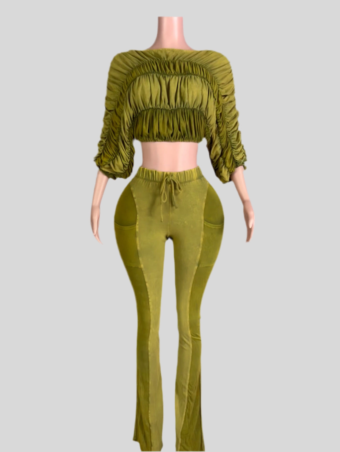 Mineral Wash Ruched Off-Shoulder Lounge Set – Two-Piece Fitted Top & Flare Pants