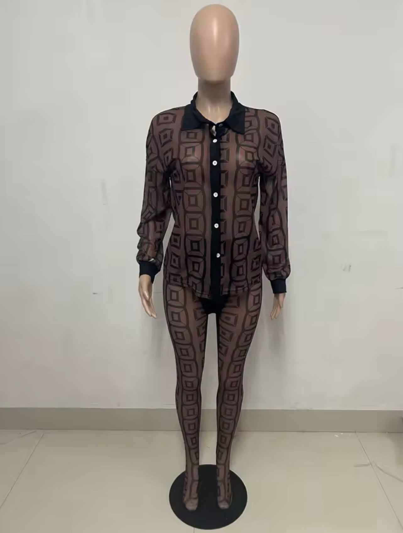 Geometric Mesh Illusion Two-Piece-Set Long Sleeve Top & Leggings