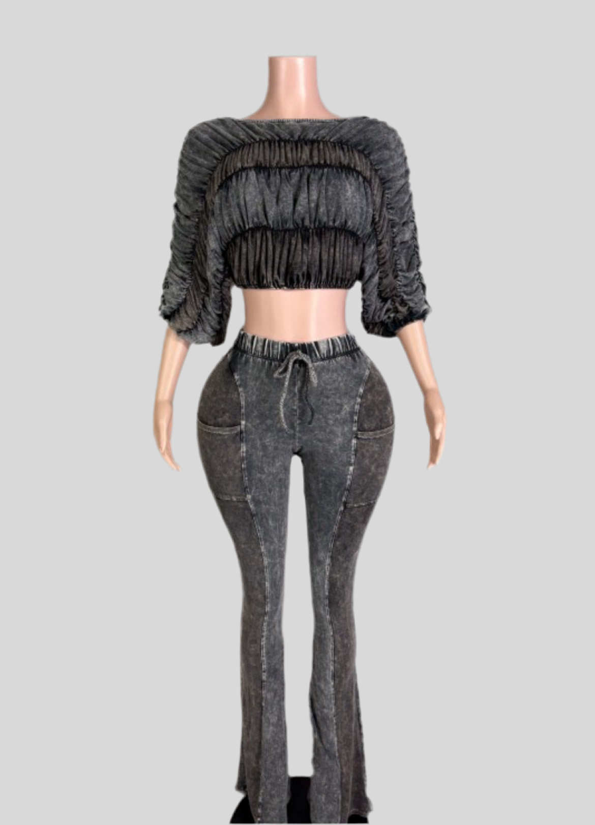 Mineral Wash Ruched Off-Shoulder Lounge Set – Two-Piece Fitted Top & Flare Pants