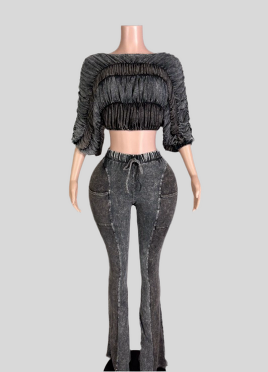 Mineral Wash Ruched Off-Shoulder Lounge Set – Two-Piece Fitted Top & Flare Pants