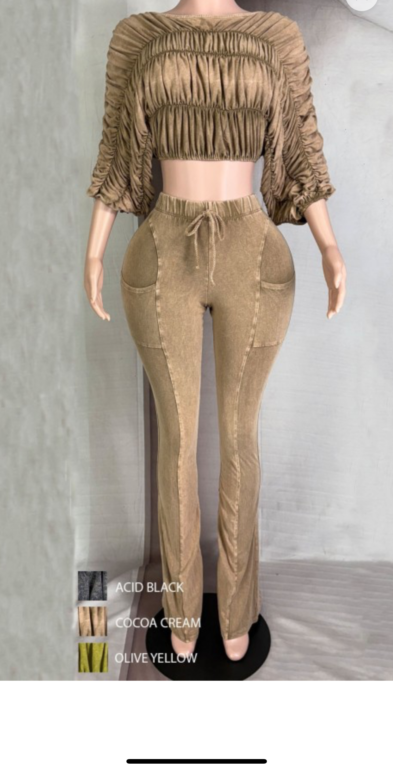 Mineral Wash Ruched Off-Shoulder Lounge Set – Two-Piece Fitted Top & Flare Pants