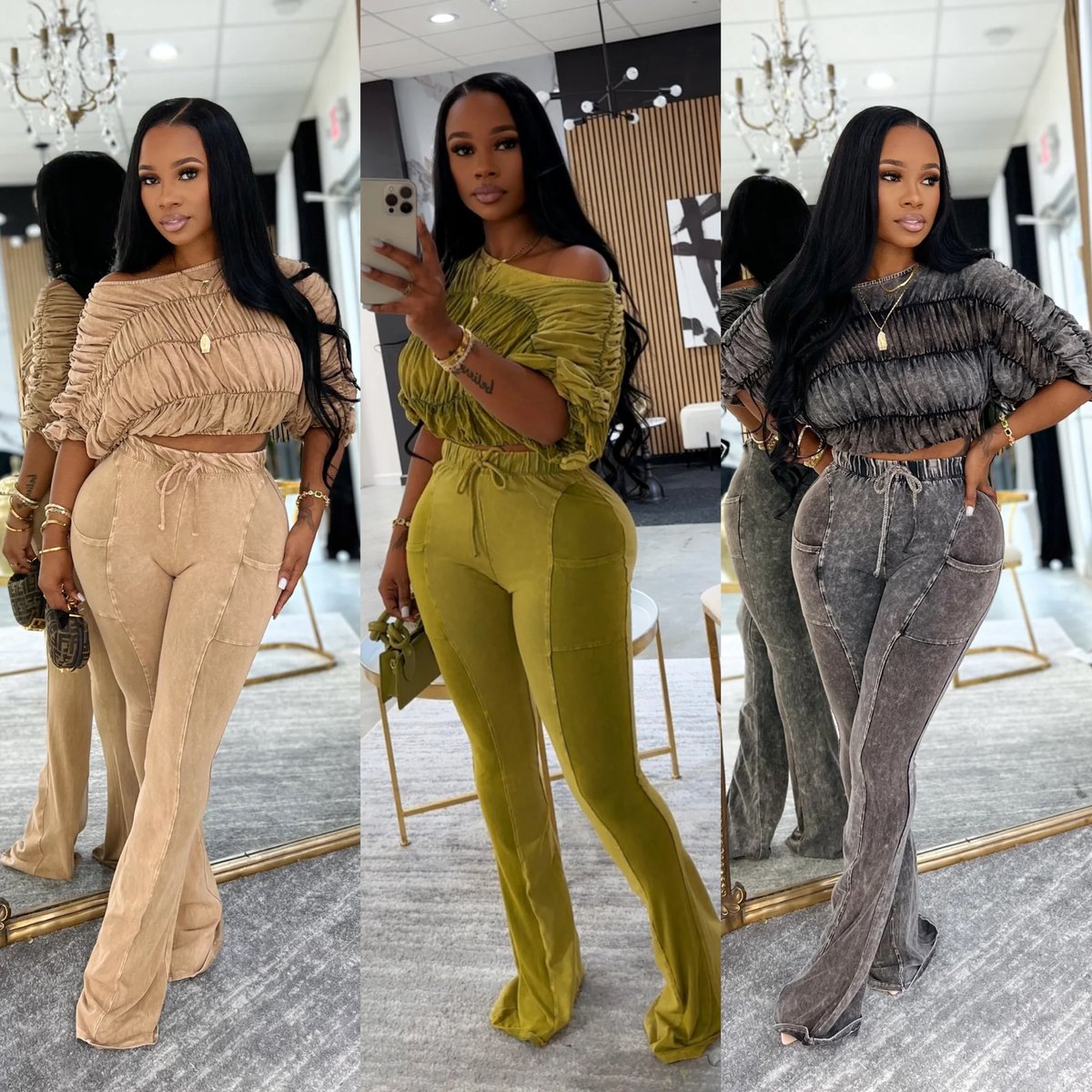 Mineral Wash Ruched Off-Shoulder Lounge Set – Two-Piece Fitted Top & Flare Pants