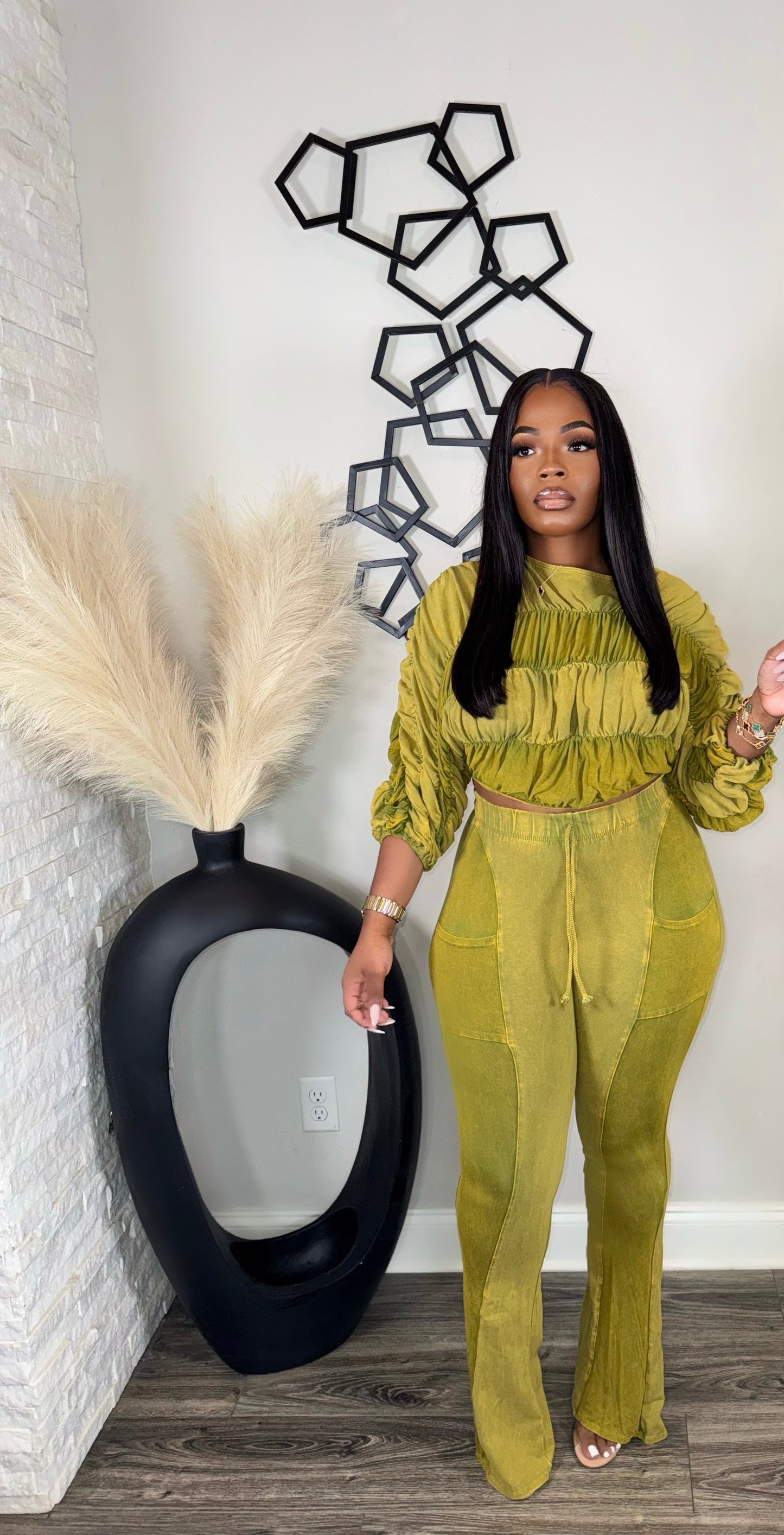 Mineral Wash Ruched Off-Shoulder Lounge Set – Two-Piece Fitted Top & Flare Pants