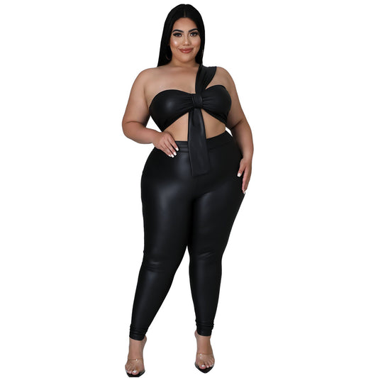 Plus Size Women Pants High Elastic Leather Skinny Hip Lift Sexy Two-Piece Suit outting wear