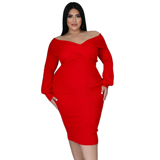 Plus Size Woman Women V-neck Solid Color Midi Dress Sexy Dress