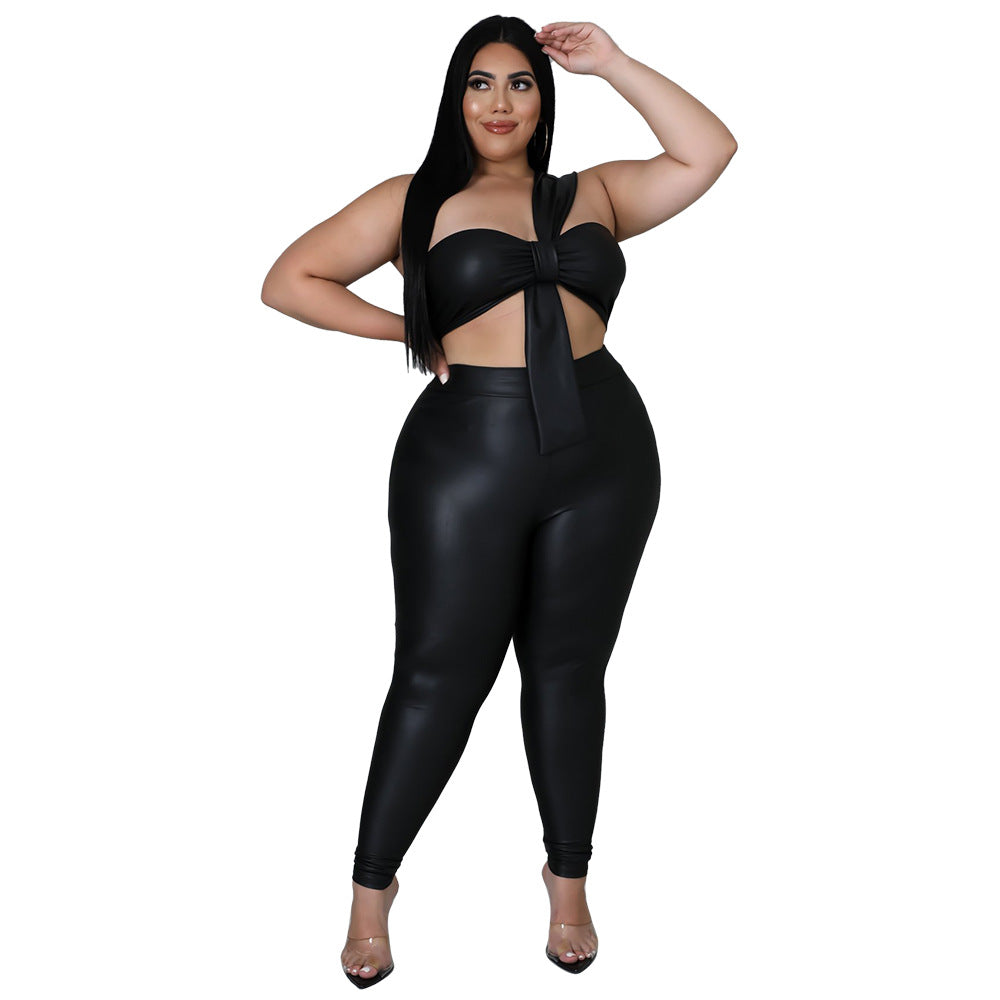 Plus Size Women Pants High Elastic Leather Skinny Hip Lift Sexy Two-Piece Suit outting wear