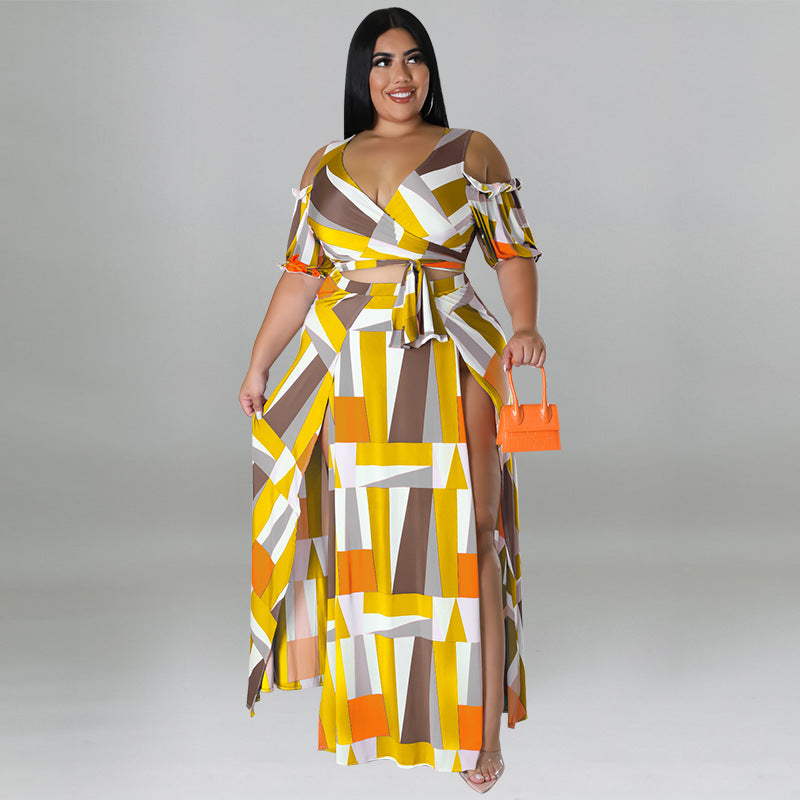 Plus Size Women Clothes Summer off the Shoulder V neck Two Piece Sets Split Large Swing Skirt