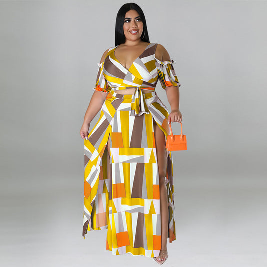 Plus Size Women Clothes Summer off the Shoulder V neck Two Piece Sets Split Large Swing Skirt